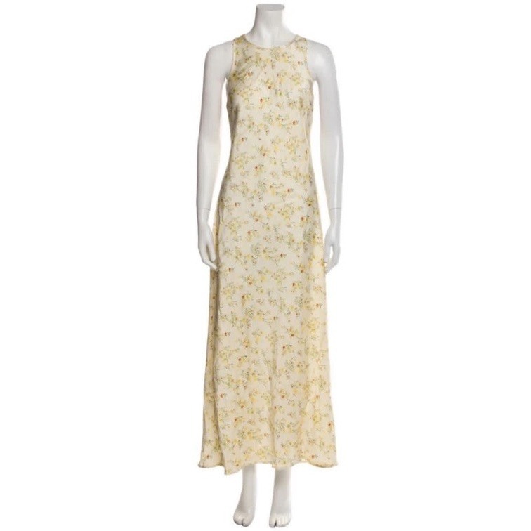 Christian Lacroix Ditsy Floral Maxi Dress Cottagecore Summer Yellow Satin Medium